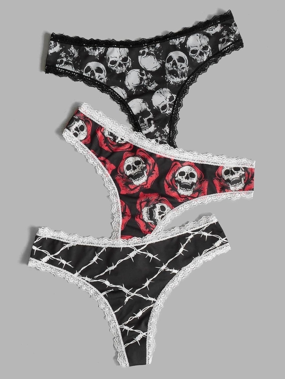 Skull Print Lace-Trim Thong Panty - Black & Red (3-Pack)